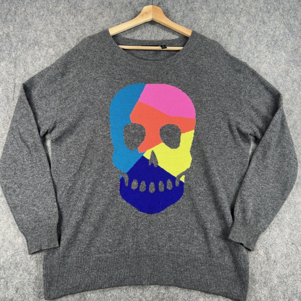 Aqua Cashmere Sweater Womens Large Gray 100% Cashmere Skull Graphic Knit